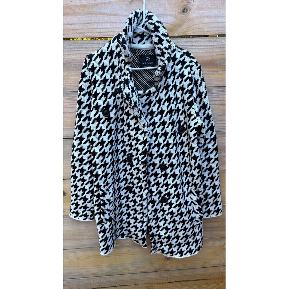 Paul Daniel Houndstooth Knit Cardigan Coat Black White Wool Blend Large Turkey